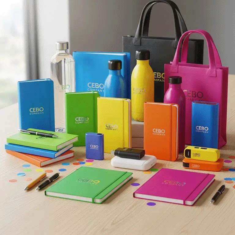 Una variedad de coloridos artículos promocionales de empresa, incluyendo cuadernos, botellas de agua y bolsas de tela, dispuestos sobre una mesa clara con confeti esparcido.